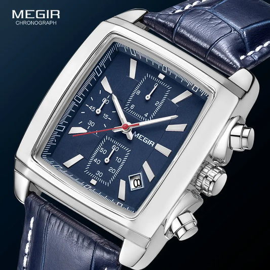 Rectangle Dial Leather Strap Watch for Men Casual Blue Chronograph Quartz Watches Man Wristwatch Montre Reloj Часы Мужские