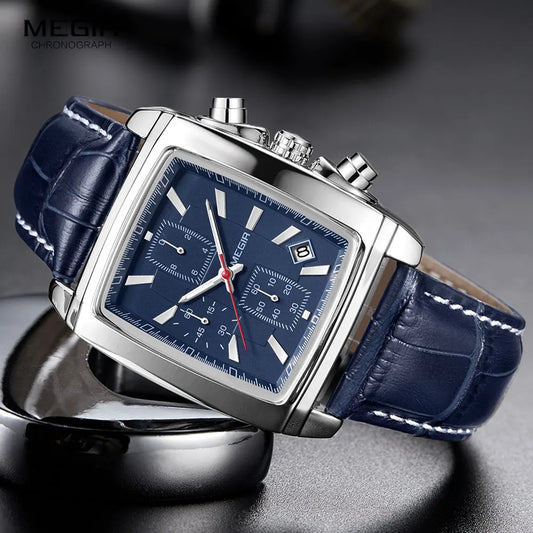 Rectangle Dial Leather Strap Watch for Men Casual Blue Chronograph Quartz Watches Man Wristwatch Montre Reloj Часы Мужские